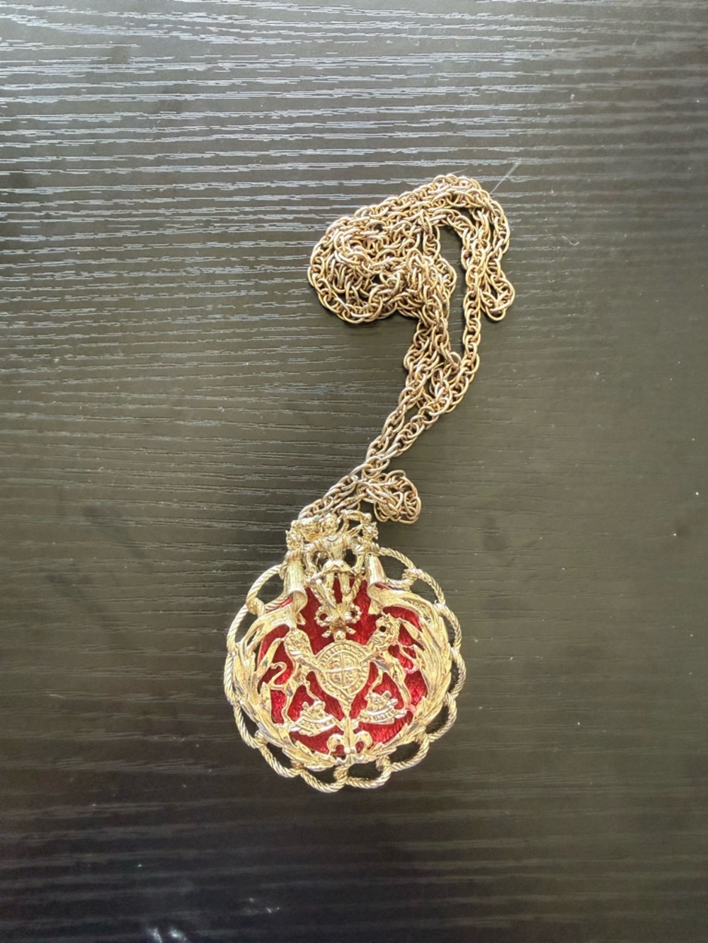 Gold-Tone Filigree Locket Necklace with Red Inset